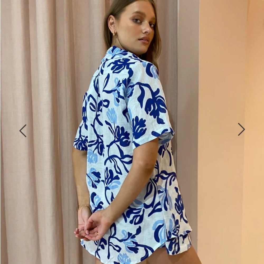 Faithfull the Brand Charlita Shirt Dress In Ensola Floral Blue Mini Dress Linen - Picture 4 of 6